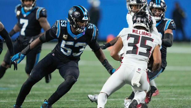 Nov 10, 2022; Charlotte, North Carolina, USA; Carolina Panthers defensive end Brian Burns (53) and Atlanta Falcons cornerback Avery Williams (35) during the second half at Bank of America Stadium.